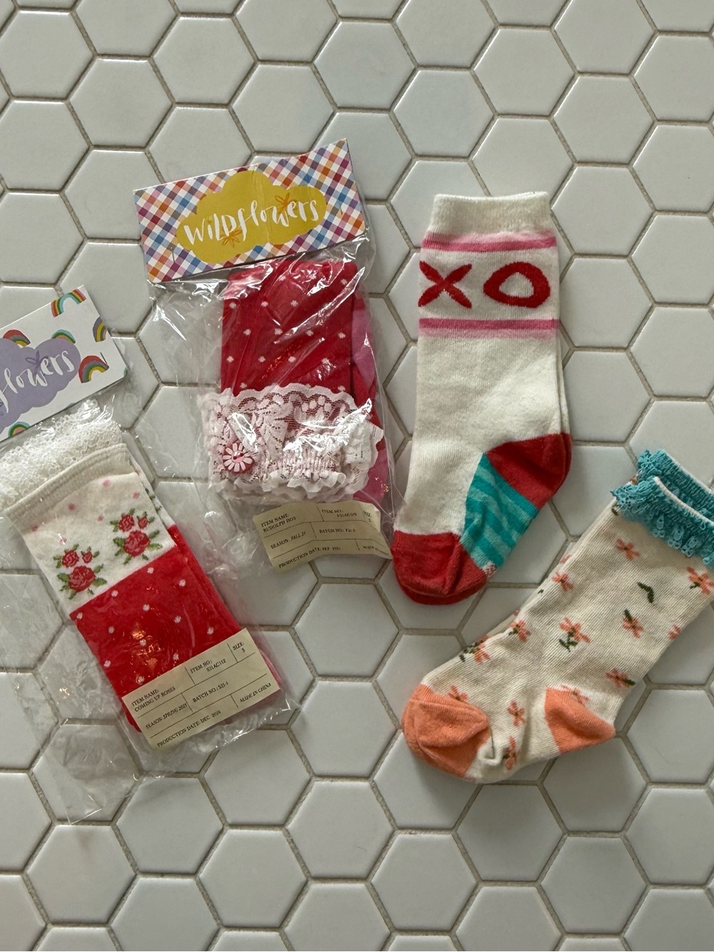 Wildflowers Kids Red, Cream & Coral Floral Crew Socks Set